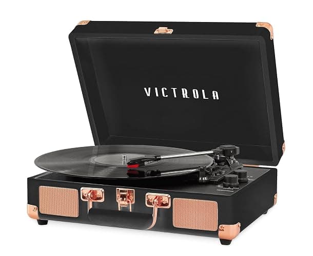 Victrola Journey Bluetooth Portable Suitcase Record Player – with Built-in Speakers, 3 Speed Vinyl Record Player, RCA Out, Headphone Jack (Black Rose Gold) - Image 1