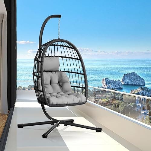 CHABATREE Egg Chair with Stand,Patio Rattan Wicker Hanging Swing Egg Chair Hammock Chair for Bedroom Porch Garden,Thickened Aluminum Alloy Steel Frame and UV Resistant Cushion,350LBS Capacity - Image 1