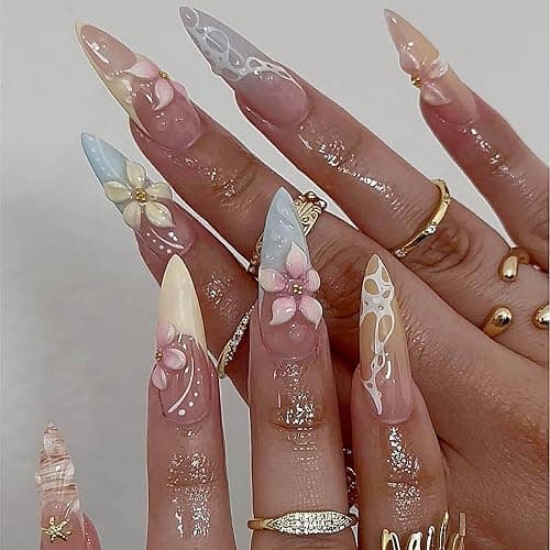 Gleamrain Long Press on Nails Almond with Flower and French Tips Designs Summer Fake Nail for Women 24pcs - Image 1