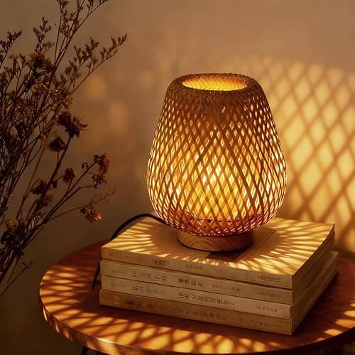 URLIGHTS Boho Table Lamp with Double Layer Woven Shade Wood Base, Desk Bedside Small Rattan Lamps, 110V Plug, Dimmable E26 Socket (Bulb Included) for Living Room Night Stands Bedroom - Image 1