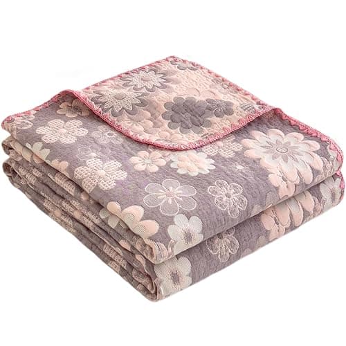 NIDITW 3-Layer Twin Size 100% Cotton Muslin Blanket Purple Flowers for Bed | Lightweight Gauze Blanket for Bed Couch Sofa Soft Summer All Season - Image 1
