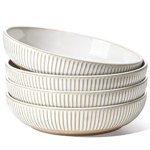 LE TAUCI Pasta Bowls 46oz, Large Salad Bowl, Ceramic Embossment Stoneware Serving Plate Bowl for Fruits, Noodle, Dinner, House-warming Wedding Present - 9 Inch, Set of 4, Arctic White - Image 1