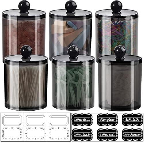 6 Pack Qtip Dispenser Apothecary Jars Bathroom with Labels - Qtip Holder Storage Canister Clear Plastic Acrylic Jar for Cotton Ball,Cotton Swab,Cotton Rounds,Floss Picks, Hair Clips (Black) - Image 1