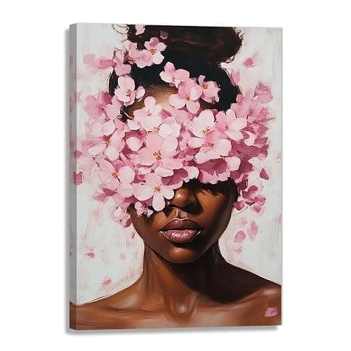 KPLUNDO Black Woman Wall Art Pink Black Girl With Floral Paintings African American Canvas Print Fashion Home Decoration Living Room Decor(Artwork-4,12"x18") - Image 1
