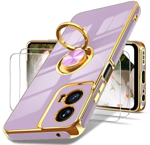 Dretal for Motorola G 5G 2024 Case, Moto G 5G 2024 Case,2X Screen Protector, 360° Rotatable Ring Holder Magnetic Kickstand,Plated Gold Edge Slim Soft TPU Protective Cover (Purple) - Image 1