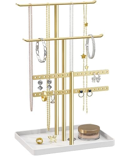 Jewelry Stand Organizer, 32cm Tall Sturdy Metal, 3-Tier Jewelry Holder for Necklace, Earring, Bracelet, Ring, Hanger for Display and Storage, Aesthetic Room Decor, Gold Jewlery Stand with White Tray - Image 1