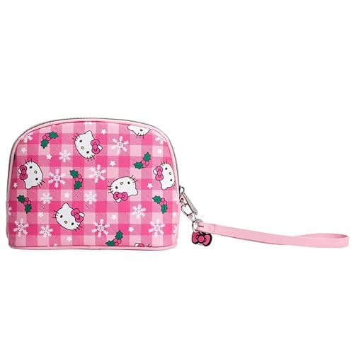 Impressions Vanity Hello Kitty Gingham Arch Makeup Bag for Women, Faux Leather Travel Toiletry Bag with Removable Wristlet Strap, Waterproof Reusable Inside Pocket Mini Cosmetic Organizer (Pink) - Image 1