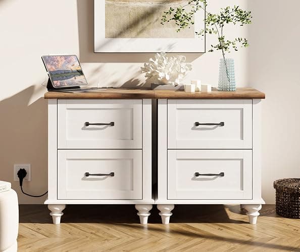 WAMPAT 2 Pack Nightstands with Charging Station, Set of 2 End Table with 2 Power Outlets & 2 USB Ports for Living Room, Antique Side Table with 2 Drawers for Bedroom, Off White - Image 1