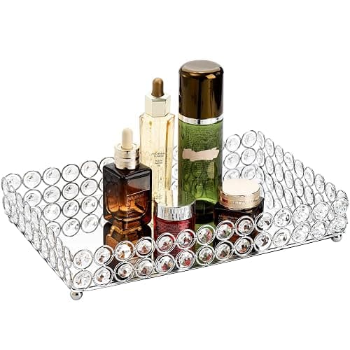 Hedume Crystal Cosmetic Mirrored Makeup Tray, 12.3" x 8", Large Jewelry Organizer, Ornate Decorative Vanity Tray for Dresser, Countertop, Wedding, Home, Bathroom - Image 1