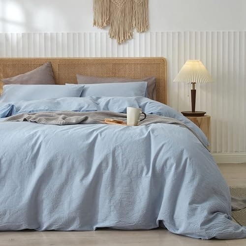 LIFETOWN 100% Washed Cotton Duvet Cover Set Linen Feel Natural Wrinkle Lightweight Comfy (Queen, Cornflower Blue) - Image 1