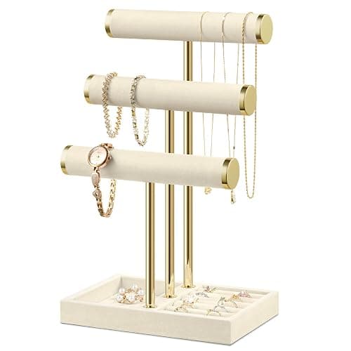 Josmimic Bracelet Holder Jewelry Organizer Display - 3 Tier T Bar Velvet Stand, Beige Jewelry Storage for Bracelet, Necklaces, Watches - Image 1