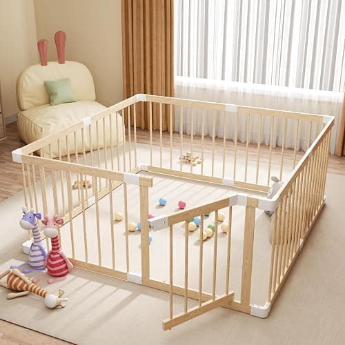 Baby Playpen,Wooden and Toddler Playpen,Play Pen for Babies and Toddlers Kids Indoor,Wooden Babies with Locking Baby Gate,Easy to Assemble,Play Pen Area Indoor, Non-Collapsible(53x53x24 Inch) - Image 1