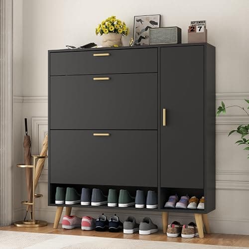 Gyfimoie Shoe Cabinet Storage for Entryway, Slim Shoe Organizer Cabinet 2 Flip Drawer, Narrow Hidden Shoe Storage Side Door Cabinte (Black) - Image 1