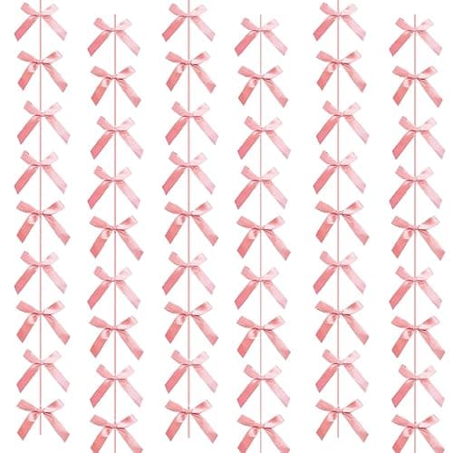 Peach Pink Ribbon Bow Hanging Garland for Baby Shower Pink Bow Party Decorations Girls Bow Birthday Decoration Tying The Knot Bridal Shower Party Room Décor 6pcs - Image 1