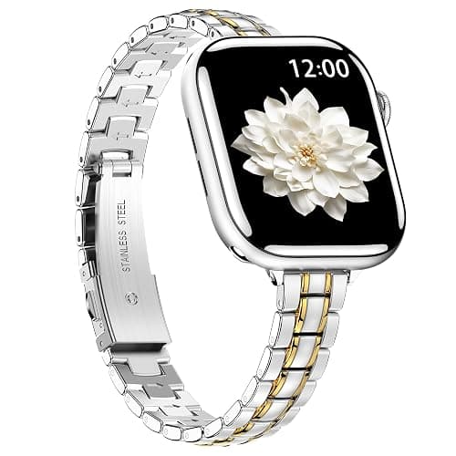 BAITEYOU Narrow Metal Band Compatible with Apple Watch Bands 38mm 40mm 41mm 42mm 44mm 45mm 46mm 49mm (Series 11 10 9 8 7 6 5 4 3 2 1 SE Ultra), Dressy Thin Stainless Steel iWatch Bands for Women - Image 1