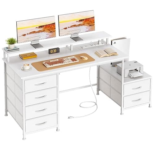 Flrrtenv Computer Desk with 6 Fabric Drawers, 39in Gaming Desk with Power Outlets & Fabric File Cabinet, Home Office Desk with Full Monitor Stand and Shelf, Study Writing Desk for Bedroom, White - Image 1