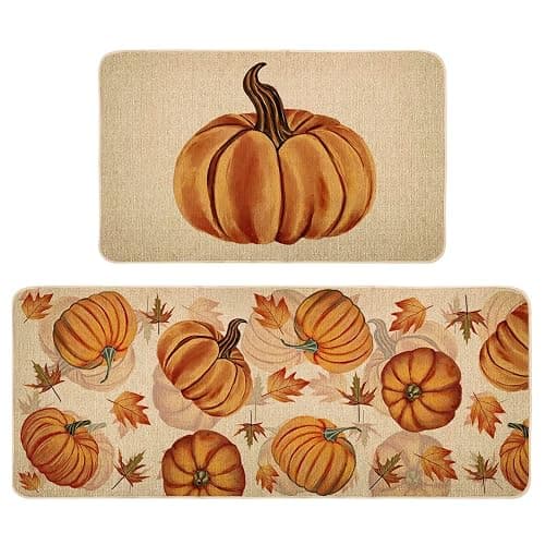 Fall Pumpkin Kitchen Mats Set of 2, Autumn Kitchen Rugs, Non-Slip Absorbent Door Mats, Seasonal Thanksgiving Home Decor Kitchen Floor Mat 17x29 and 17x47 Inch DM087 - Image 1