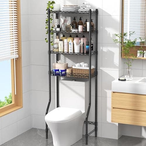 EAGMAK 4 Tier Over The Toilet Storage Rack, Bathroom Organizers and Storage Over Toilet with Adjustable Shelf and Basket, Above Toilet Storage Bathroom Cabinet for Small Space (Black) - Image 1