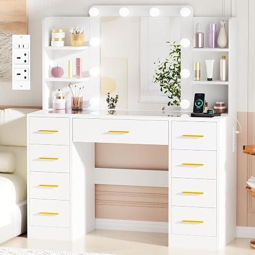 BEWISHOME Dressing Table with Mirror and LED Lights,Glass Top,Power Outlet | Adjustable Brightness,Vanity Desk with 9 Drawers,Modern Vanity Table with Open Shelves,Makeup Desk for Bedroom,White,YFST39W - Image 1