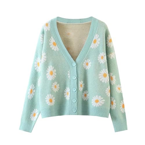 Women Y2K Floral Print Knit Cardigan Sweater Long Sleeve V Neck Button Down Sweater Vintage Aesthetic 90s Outerwear Tops - Image 1