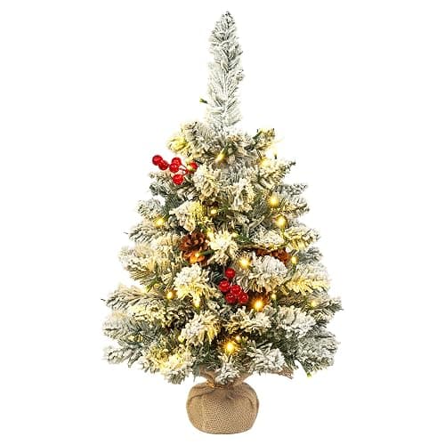 Uten Christmas Tree Flocking Snow Small Christmas Tree, Round Pine Cones/red Fruits, 50 LED Waterproof Battery Box with Cement Base Mini Christmas Tree Christmas Decorations for Home, Office, Party - 4in - Green Cc - Image 1