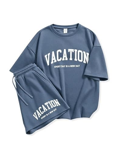 Klyatpxoen Size 6-12 Years Girl's Tracksuit Sets 2 Piece Outfits Letter Print Vacation Tee Top and Drawstring Waist Shorts - Image 1