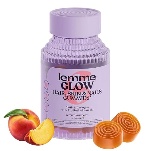Lemme Glow Collagen Gummies for Thick Hair, Strong Nails & Healthy Skin with Multi-Collagen Peptides, Biotin, Trace Minerals, Zinc, Vitamins A, C & E, Dairy & Gluten Free, Peach Flavor, 60 ct. - Image 1