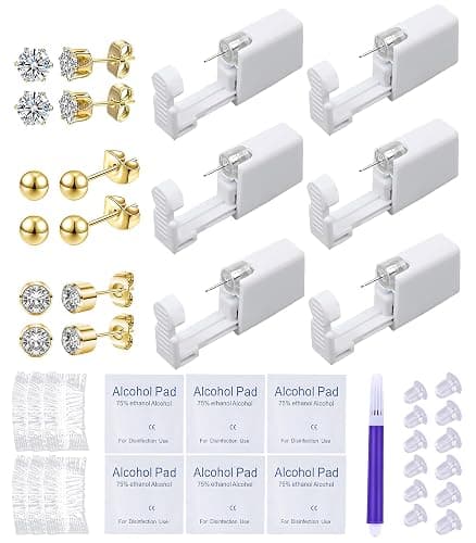 VitaCool Ear Piercing Kit Disposable Ear Cartilage Piercing Gun Kit with Sterile CZ Studs Easy and Safe Earring Self for Yourself Use at Home(Gold Mixed Patterns 3mm) - Image 1