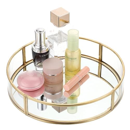 ELLDOO Gold Round Glass Decorative Tray, 9.9inch Metal Mirrored Jewelry Tray, Makeup Perfume Organizer for Bathroom Sink Vanity Dresser - Image 1