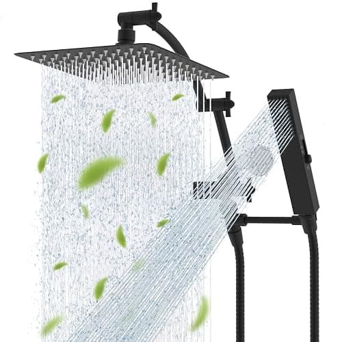 Hibbent All Metal CUPC Certified 10'' Rainfall Shower Head, Dual Shower Head Combo, High Pressure Handheld 4 Sprays Shower Wand, 16'' Adjustable Extension Arm, 71'' Hose, Shower Holder, Matte Black - Image 1
