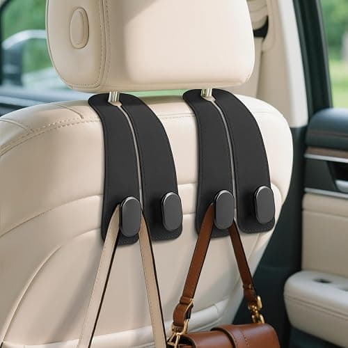 Car Seat Headrest Hooks, 2PCS Universal Car Purse Hook Leather Car Bag Hook | Black Car Bag Purse Holder with Double Metal Hooks for Handbags, Grocery Bags, Bottles, Phones - Image 1