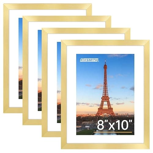 FIXSMITH 8x10 Picture Frame Bulk-4 Pack, Gold Picture Frames Collage Wall Decor, Wall & Tabletop Picture Frames, Photo Frame with HD Plexiglass, Display Pictures 5x7 with Mat or 8x10 Without Mat - Image 1