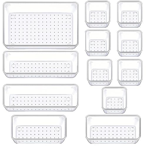 Manalete Drawer Organizers Set of 12, 4 Sizes Clear Plastic Drawer Organizers and Storage Bins for Kitchen, Bathroom, Office, Dresser Desk Drawer Organizer Tray for Jewelry, Makeup, Junk, Gadgets - Image 1