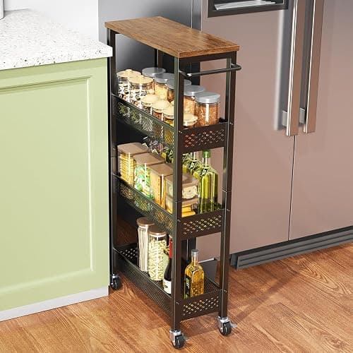 XYZLVSI Slim Storage Cart 4 Tier Narrow Kitchen Rolling Cart on Wheels for Small Space, Mobile Utility Cart Shelving Unit with Wooden Top and Metal Handle for Kitchen, Bathroom, Laundry Room - Image 1