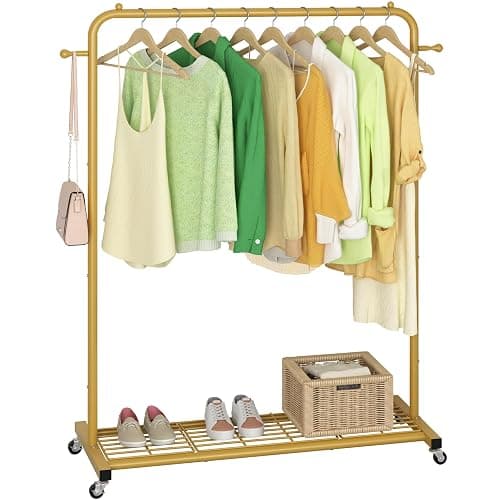 Sywhitta Clothes Rack on wheels, Clothing Rack with Bottom Mesh Storage Shelf,Sturdy Metal Frame,Rolling Garment Rack for Hanging Clothes,Coats,Skirts,39.76" L x 16" W x 64.56" H,Golden - Image 1