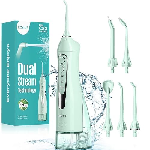 COSLUS ADA Accepted C20 Water Dental Flosser Teeth Pick, 300ML Larger Tank | Portable Rechargeable Oral Irrigator for Orthodontic & Sensitive Gums, Cordless for Travel, Family, Professional Set, Green - Image 1