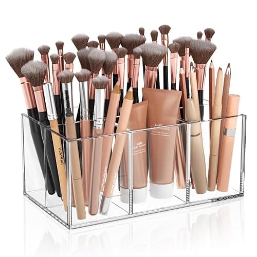 HIIMIEI Clear Makeup Brush Holder Organizer Acrylic 6-Slots Cosmetic Brushes Storage Organizer for Vanity Countertop - Image 1