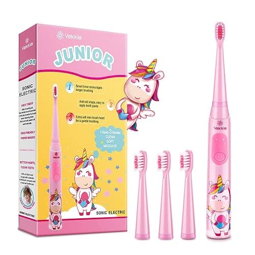 Vekkia Sonic Rechargeable Kids Electric Toothbrush(Pink) | 3 Modes with Memory/Fun & Easy Cleaning/24000 Strokes, IPX7 Waterproof, 2-Min Timer for Age 5+/4 Soft Bristles - Image 1