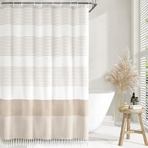 Awellife Boho Beige Shower Curtain for Bathroom Cotton Stripe Tassel Shower Curtain 72 X 72 Inches Natural Texture - Beige - 72"W x 72"L - Image 1