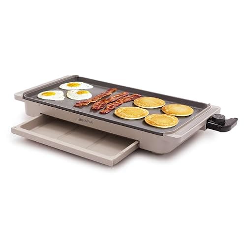 GreenPan Advanced 10.5”x 20” Electric Griddle with Warming Drawer, Healthy Ceramic Nonstick PFAS-Free Coating, Temperature Control, Easy and Versatile Countertop Meals, Dishwasher Safe, Clay - Image 1