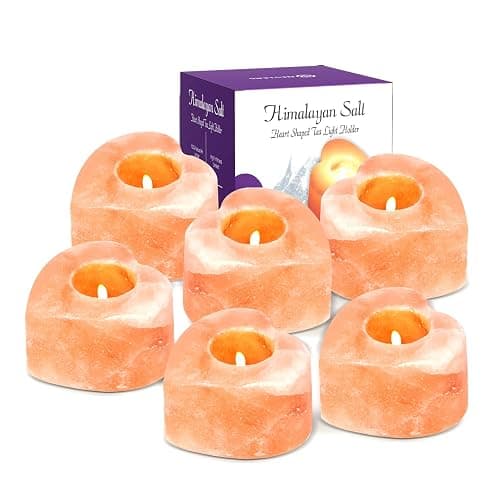 Nevlers 6 Pack Pure Himalayan Salt Candle Holders | Heart Shaped Himalayan Salt Tea Candle Holder | Hand Crafted Himalayan Tealight Holders | Salt Candle Holder for Decor | Salt Lamp Tealight Holders - Image 1