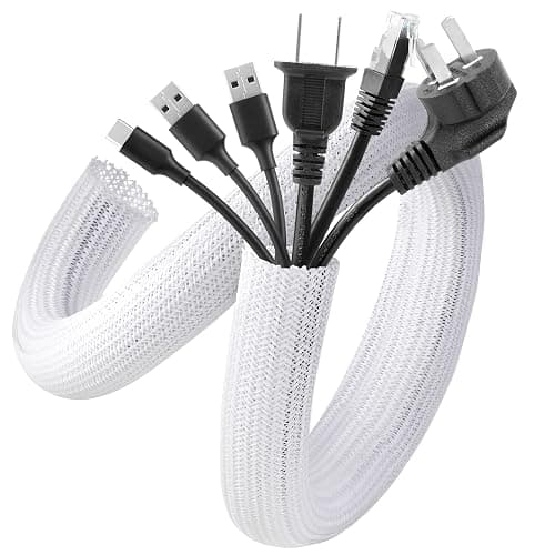 AGPTEK White Cable Management Sleeve, 2 Pack 5ft - 1.2 inch Cord Hider | Desk Cord Cover Organizer Wire Hider for Office Computer TV Wire Loom Tubing Pet-Proof Cord Protector from Cat Dog Chewing - Image 1