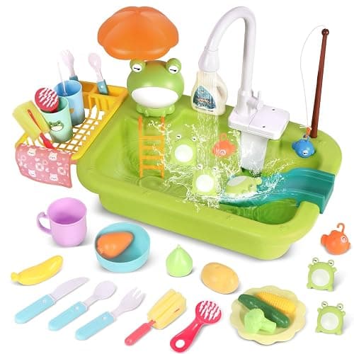 Play Sink with Running Water, Kitchen Sink Toy with Functional Faucet, Play Food and Kitchen Accessories, Floating Fishing Water Toy for Toddler, Pretend Play Dishwasher for Kids - Image 1