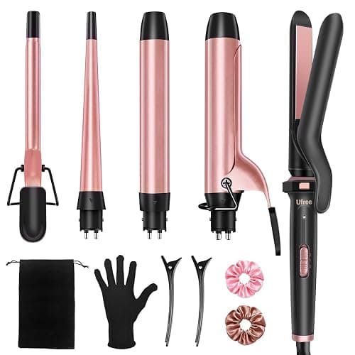 Ufree 5 in 1 Curling Iron with Interchangeable Ceramic Barrels (0.35"-1.25"), Curling Wand Set with Flat Iron Hair Straightener, Instant Heat Up, Dual Voltage Hair Curler, Gifts for Women | 5 Interchangeable Barrels (0.35"-1.25"), Ceramic Coating, 30s Heat Up, 356-410°F Settings, Dual Voltage - Image 1