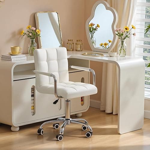 Furmax Mid-Back Office Task Chair Ribbed PU Leather Executive Chair Modern Adjustable Home Desk Retro Comfortable Work Chair 360 Degree Swivel with Arms (White) - Image 1