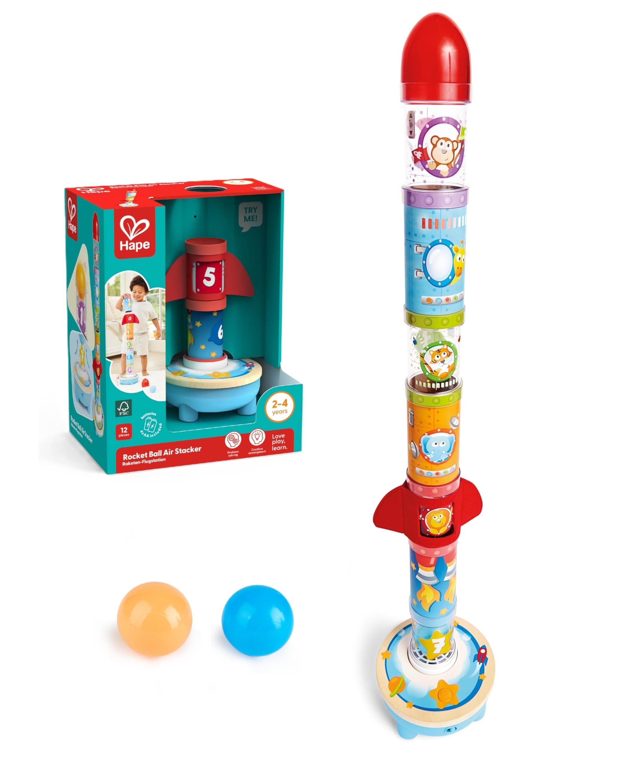 Hape Rocket Stacker Toy Air-Powered Ball Launcher Playset for Toddlers with Fan, 24 Months and Up, Black - Image 1