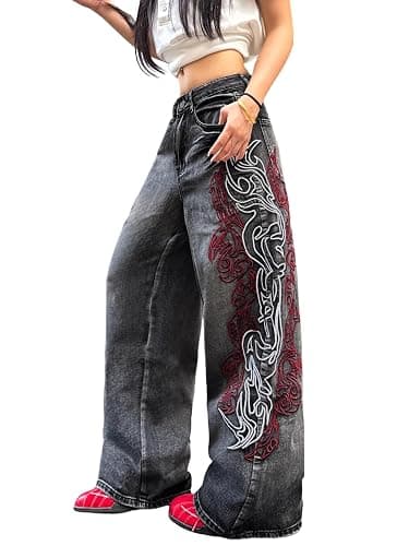 OYICAI Damen Baggy Stickerei Jeans Hip Hop Weite Denim-Hosen | Y2K-Look der 2000er Jahre, übergroßer, Skater-Streetwear, locker bequeme Passform, Skateboard geeignet, casual - Image 1