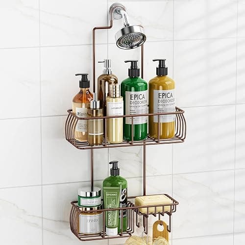 Epicano Shower Caddy Hanging, Anti-Swing Over Head Shower Caddy Rustproof with hooks for Towels, Sponge and more, Bronze - Image 1
