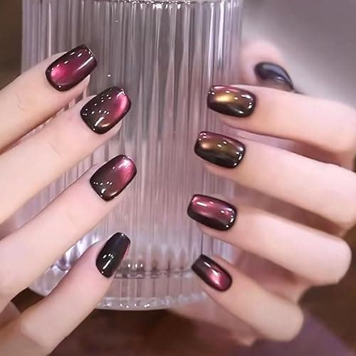 Press on Nails Short Square Fake Nails with Purple Green Discoloration Cat Eye Designs Glossy Glue on Nalis Full Cover Acrylic Nails Cute False Nails Artificial Stick on Nails for Women 30Pcs - Purple Green Discoloration Cat Eye - Image 1