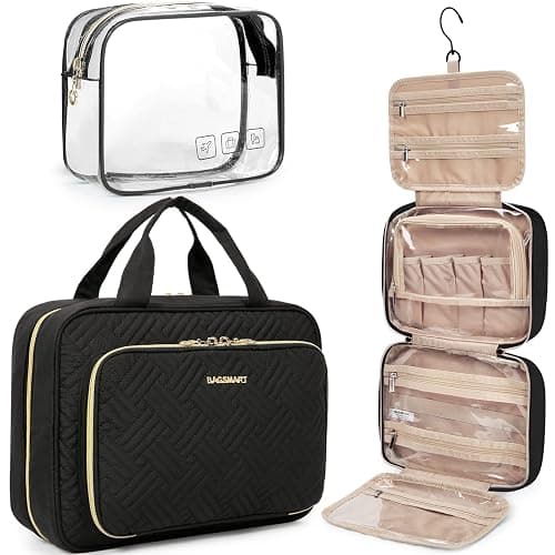 BAGSMART Toiletry Bag Hanging Travel Makeup Organizer with TSA Approved Transparent Cosmetic Bag Makeup Bag for Full Sized Toiletries, Medium-Black - Standard - Black - Image 1